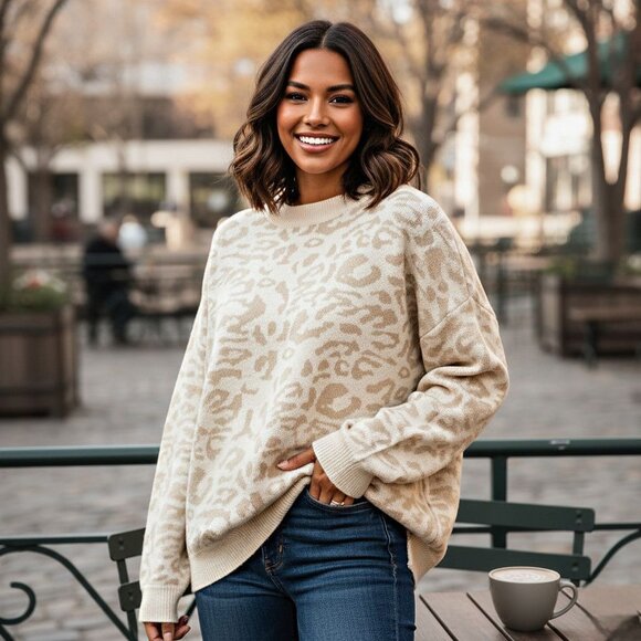 Main Strip Leopard Animal Print Sweater Oversized Knit Pullover Acrylic Cozy Top - Picture 4 of 12